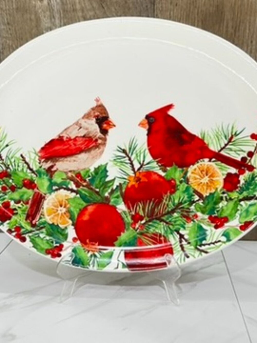 Vtg Cardinals Platter white oval ceramic holiday serving platter watercolor 14"